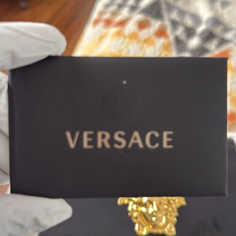 Black Patent Leather Wallet with Gold Medusa Logo and gold chain